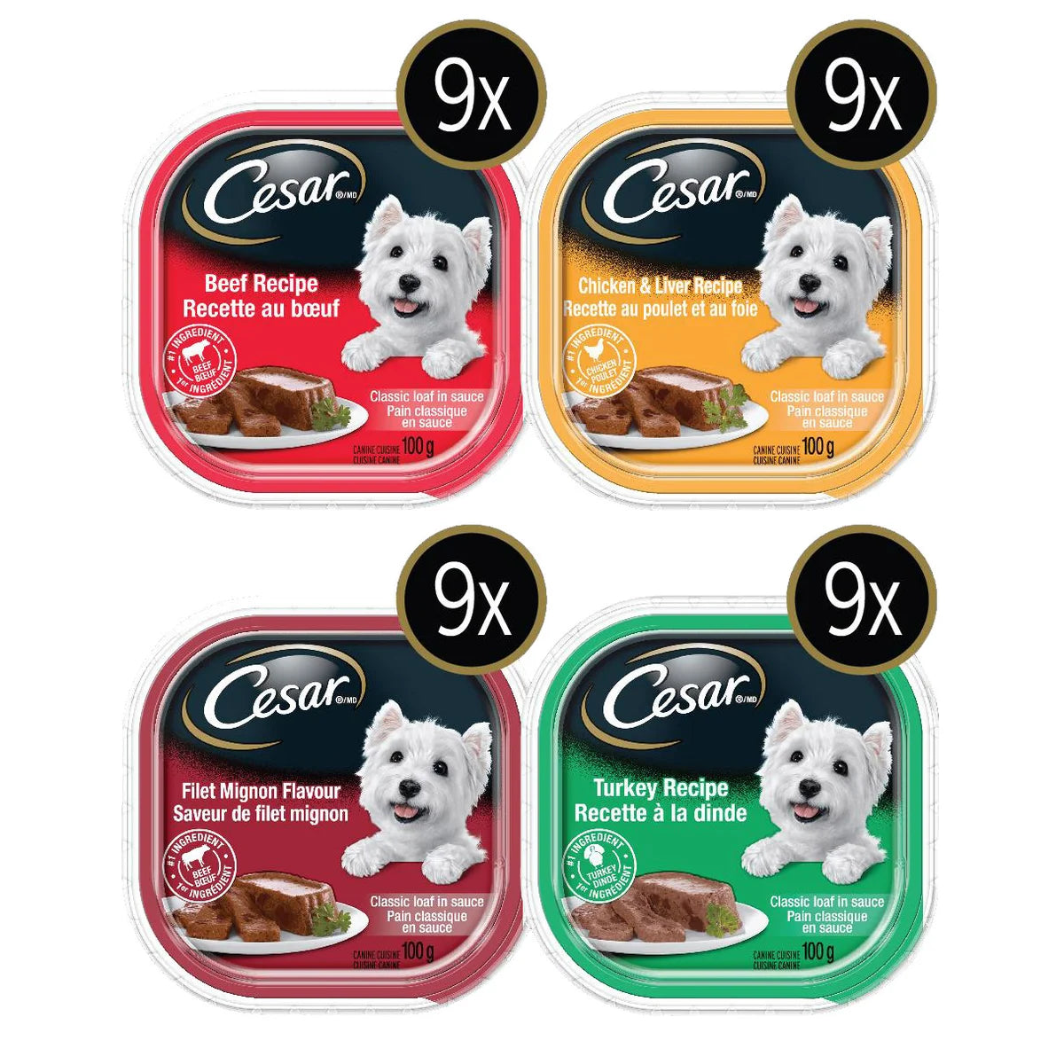 Nourriture humide pour chien César Classic Loaf en sauce, pack varié - 36 barquettes de 100 g
