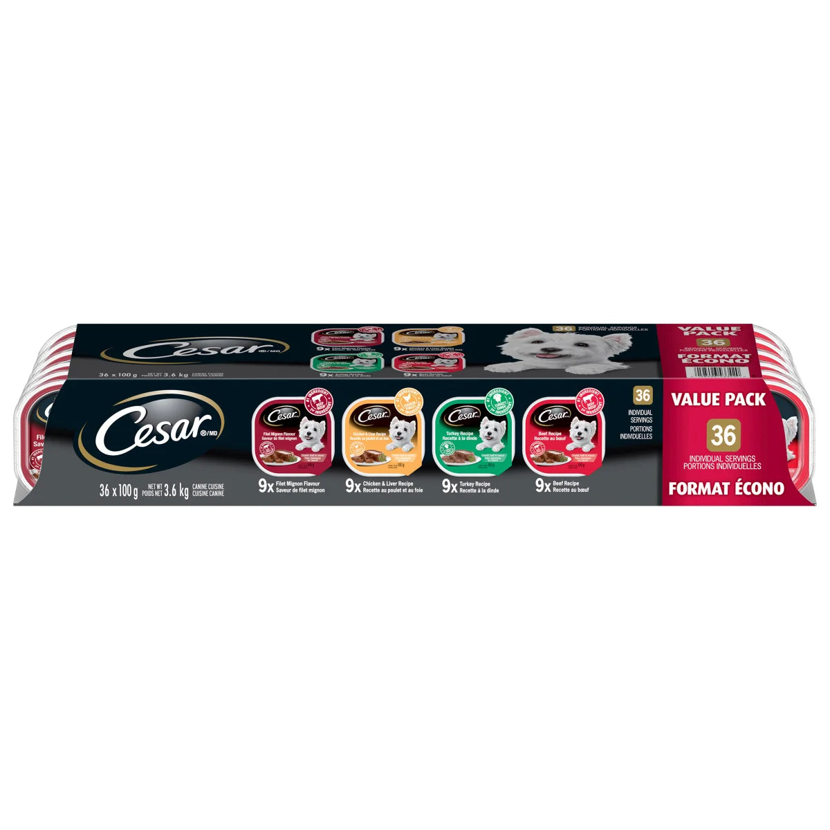 Nourriture humide pour chien César Classic Loaf en sauce, pack varié - 36 barquettes de 100 g