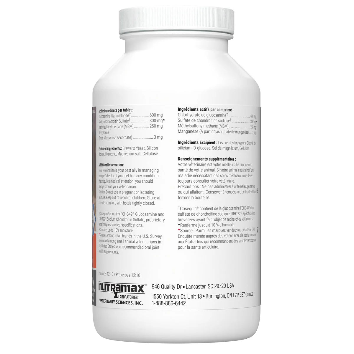 Complément alimentaire pour la santé des articulations Cosequin DS Maximum Strength Plus MSM pour chiens, 180 comprimés