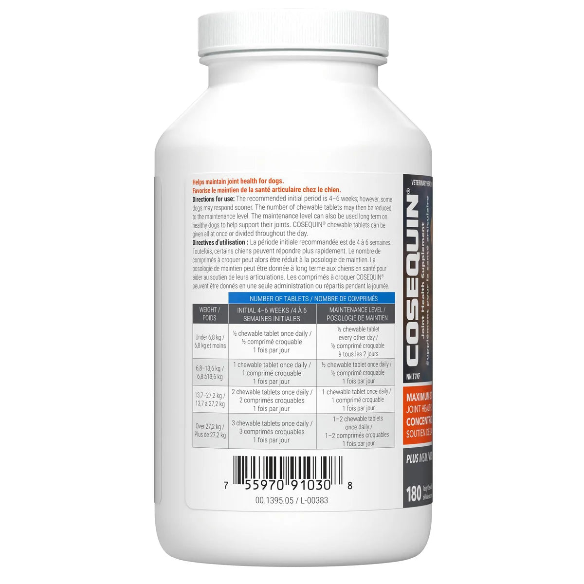 Complément alimentaire pour la santé des articulations Cosequin DS Maximum Strength Plus MSM pour chiens, 180 comprimés