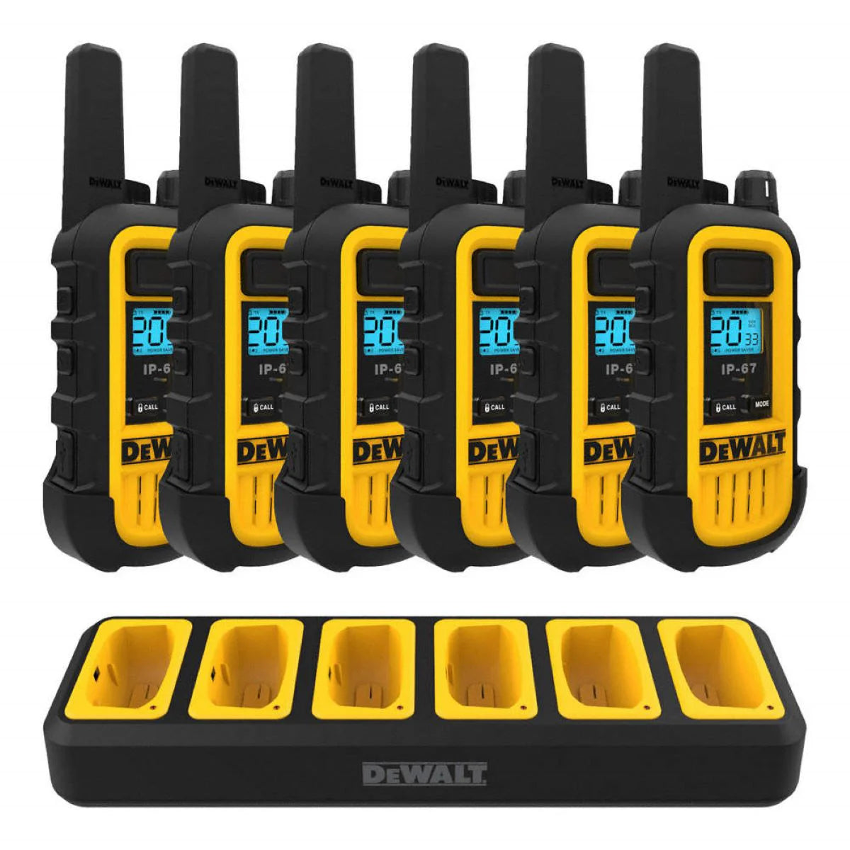 Radios bidirectionnelles DeWALT DXFRS300 avec chargeur robuste à 6 ports, paquet de 6Radios bidirectionnelles DeWALT DXFRS300 avec chargeur robuste à 6 ports, paquet de 6