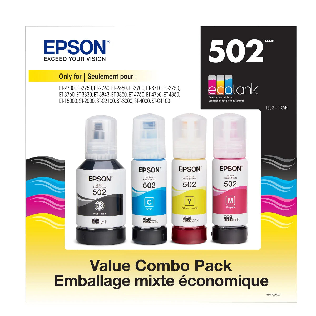 Pack combiné de bouteilles d'encre noire et tricolore Epson T5021 EcoTank