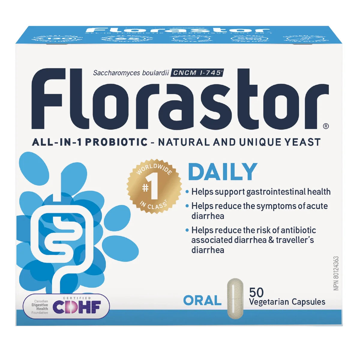Florastor, supplément probiotique quotidien 2,5 milliards, 50 capsules végétariennes