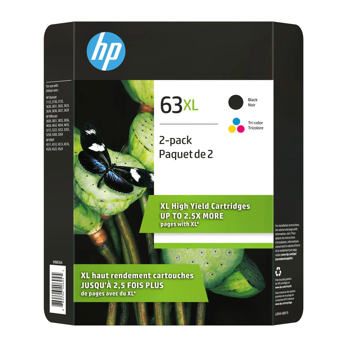 Cartouches d'encre HP 63XL noir et tricolore à haut rendement (L0R44BN), lot de 2