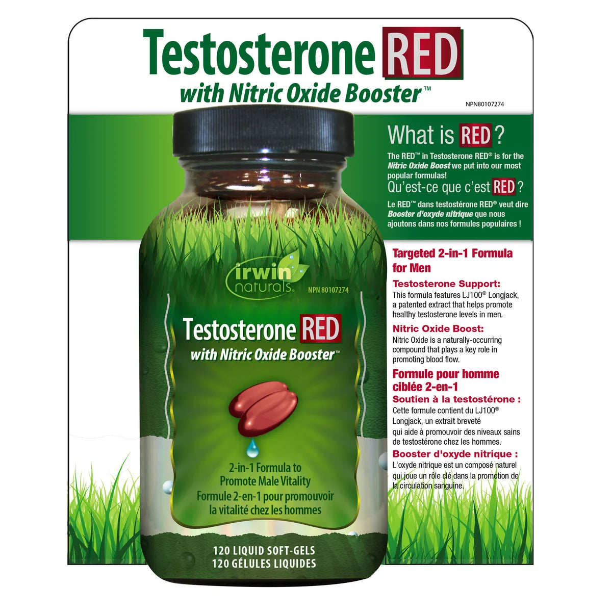 Testostérone RED avec booster d'oxyde nitrique 120 gélules molles