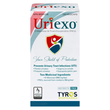 Uriexo Vegicaps – For Urinary Tract Infection (UTI), Antibiotic-Free, D-Mannose & Proanthocyanidins (PACs), 2 x 120 Vegicaps