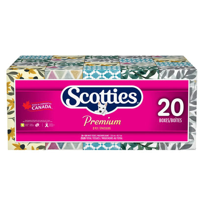 Mouchoirs Scotties Premium, doux et résistants, hypoallergéniques et testés dermatologiquement, paquet de 20