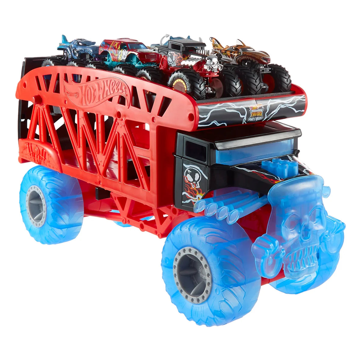 Hot Wheels Monster Truck Boneshaker Hauler with 6 Trucks