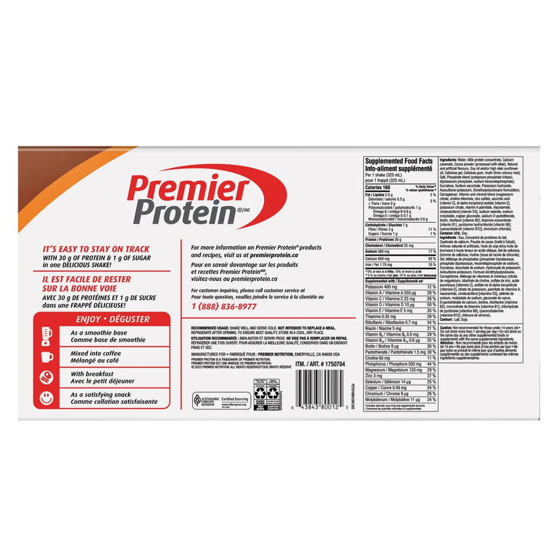 Premier Protein Milkshake riche en protéines au chocolat et au beurre de cacahuète, 18 x 325 ml 