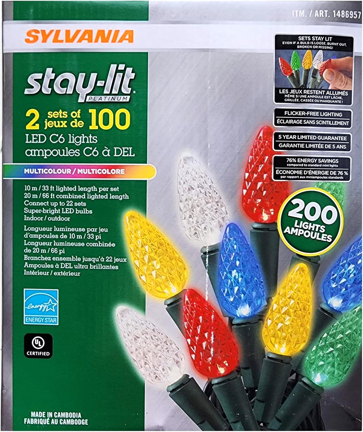 Sylvania - Stay-Lit LED C6 Outdoor/Indoor String Lights, 2 x 100 Lights, Multi-Colour