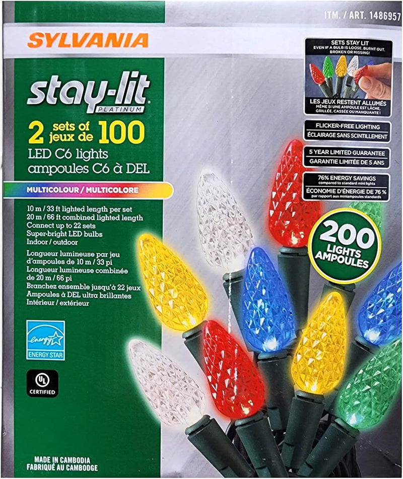 Sylvania - Stay-Lit LED C6 Outdoor/Indoor String Lights, 2 x 100 Lights, Multi-Colour