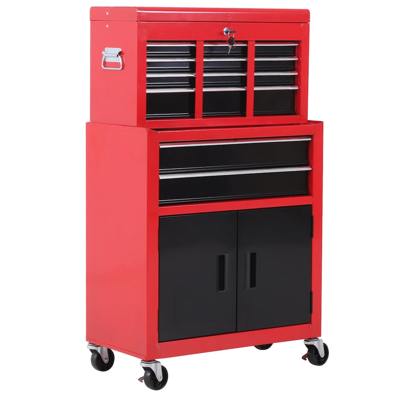 HOMCOM 2 in 1 Top Chest Rolling Tool Storage Box Cabinet with 6 Drawers, Red