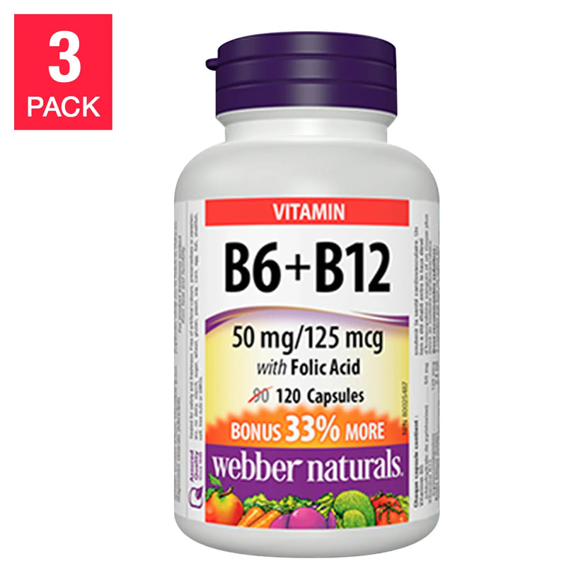 Webber Naturals B6, B12 avec acide folique – 3 x 120 capsules 